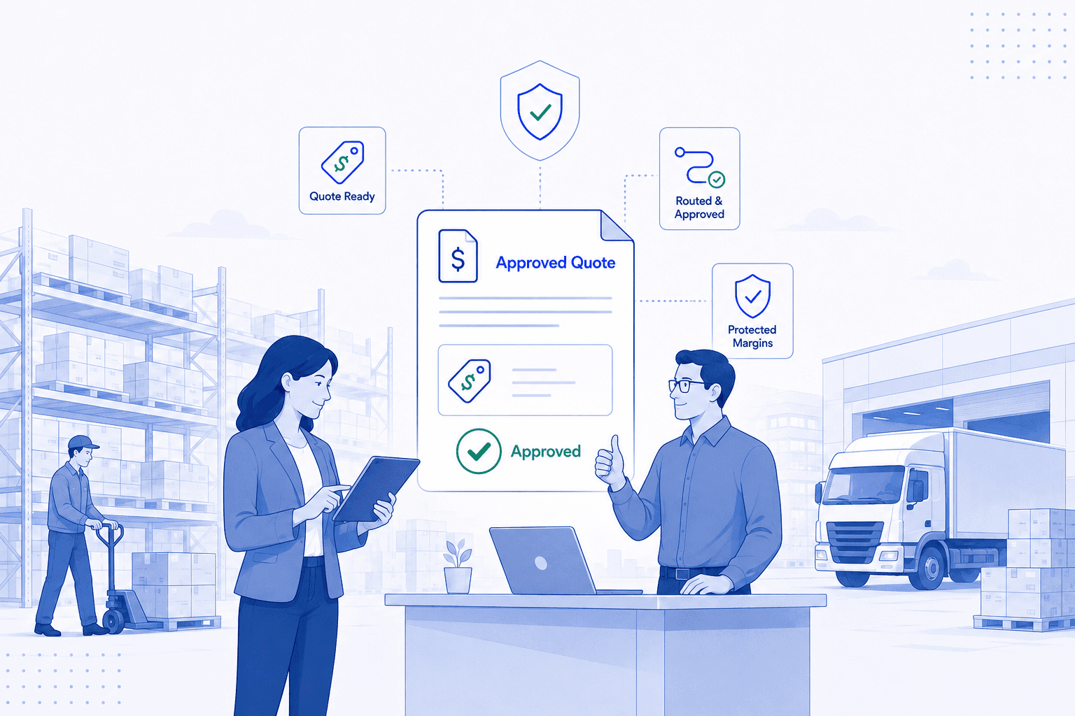 Approved quote workflow with quote-ready pricing, routed approval, and protected margins